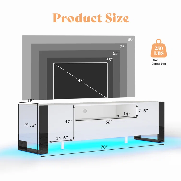 Bhhatu Modern LED TV Stands, 70 Inch TV Console With High Gloss Finish,Entertainment Center With 2 Cabinet Storage Drawer For Living Room, Gaming Room, TV Cabinet For TVs Up To 80