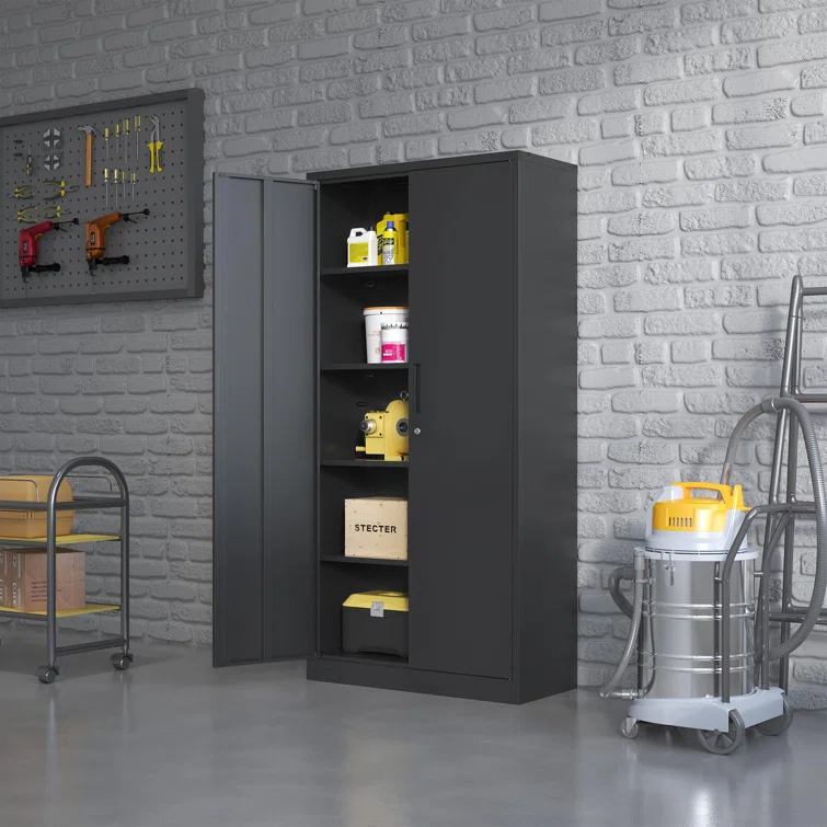 72" Metal Garage Storage Cabinets with Lock,Black Storage Cabinet with Doors and Shelves