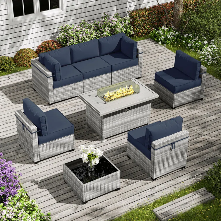 8-Piece Outdoor Patio Conversation Set with Fire Pit Table and 5-inch Thicker Cushions