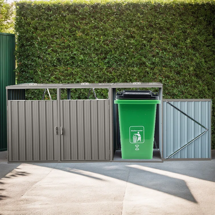 7.8' W Outdoor Trash Can Storage, Storage Shed For 3 Trash Cans Tools, Waterproof Garbage Bin Shed