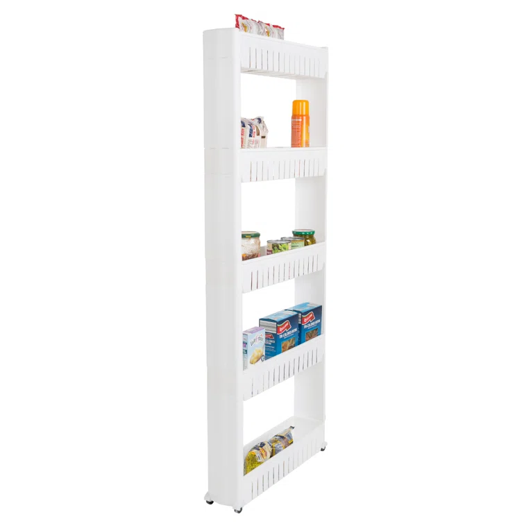 Newcastle 5-Tier Pantry Storage Rack - White Slide-Out Rolling Cart With Baskets for Narrow Spaces