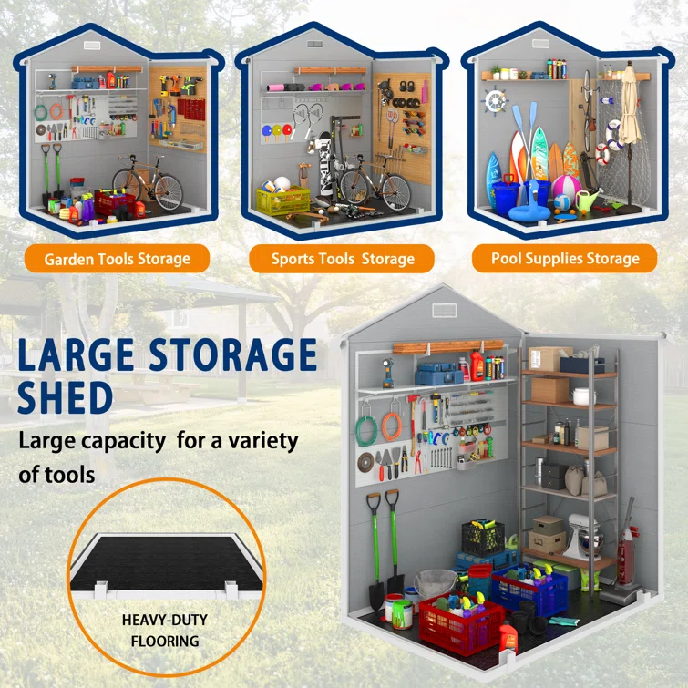 Outdoor Storage Shed, 6x4 FT Resin Shed with Floor, Weather-Resistant Plastic Garden Shed
