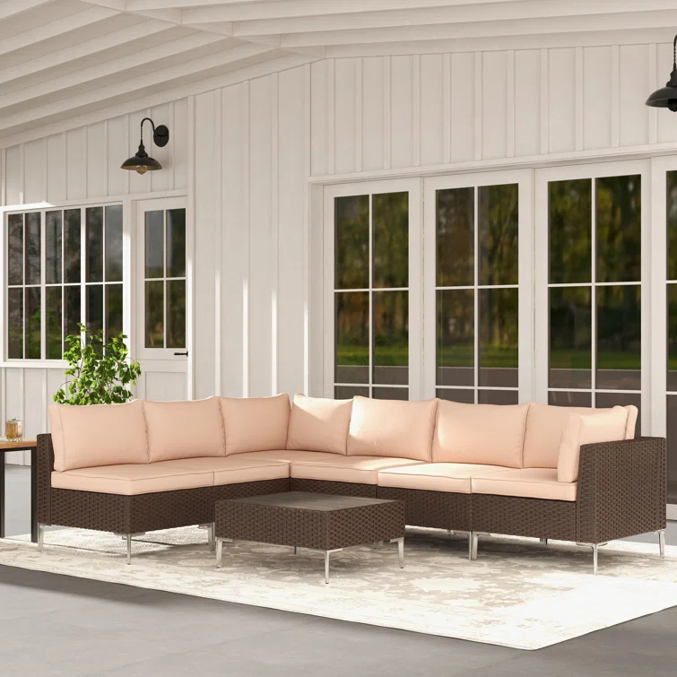 Quadrell 6 - Person Outdoor Wicker Patio Conversation Furniture Set with Optional Fire Pit Table