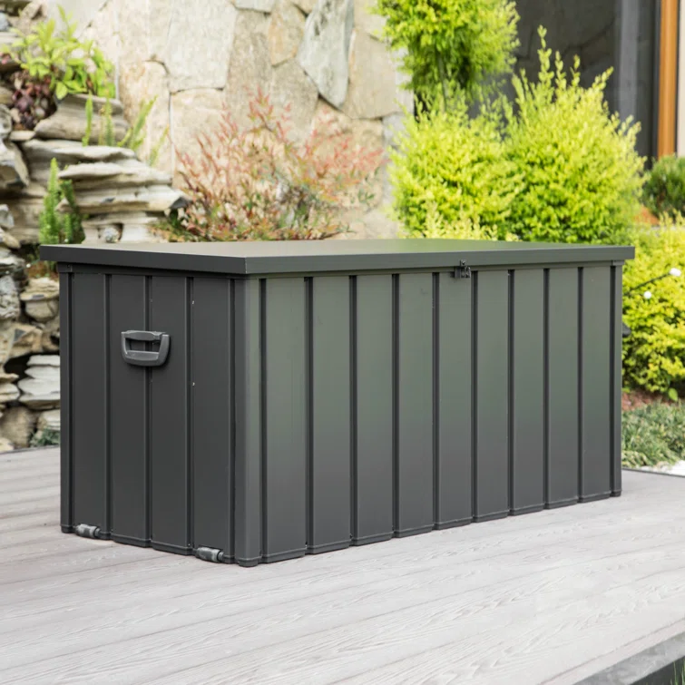 Domi Louvered 100 Gallons Gallon Water Resistant Resin Storage Bench with Lock and Wheels in Gray