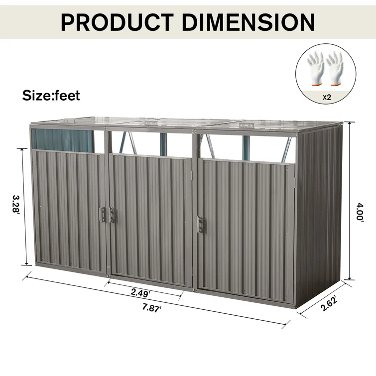 7.87Ft. L X 2.62Ft. W Metal Garbage Bin Shed Stores For 3 Trash Can