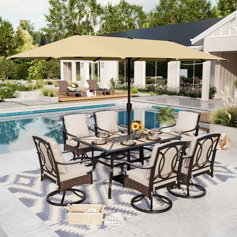 Alyah 6 - Person Rectangular Outdoor Dining Set with Swivel Chairs & Thick Cushions
