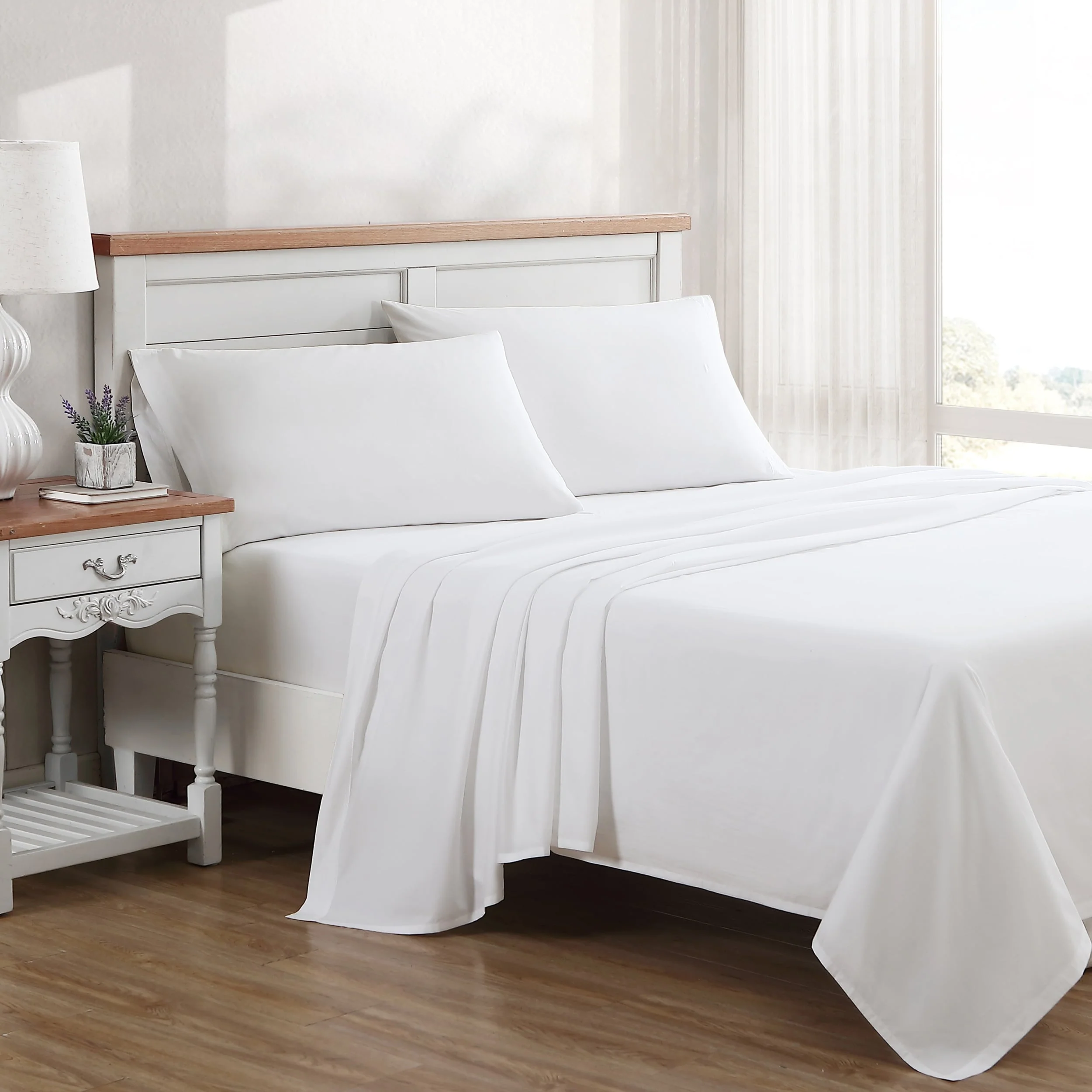 Laura Ashley T400 Percale Cotton Solid White Sheet Set