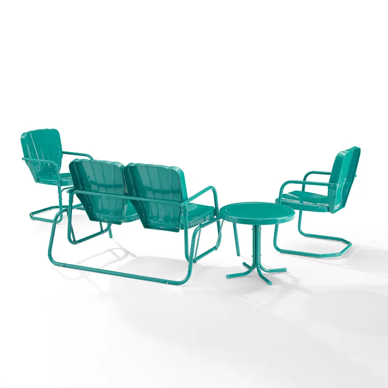 Burley 4Pc Outdoor Metal Conversation Set White Gloss - Loveseat Glider, Side Table, & 2 Armchairs