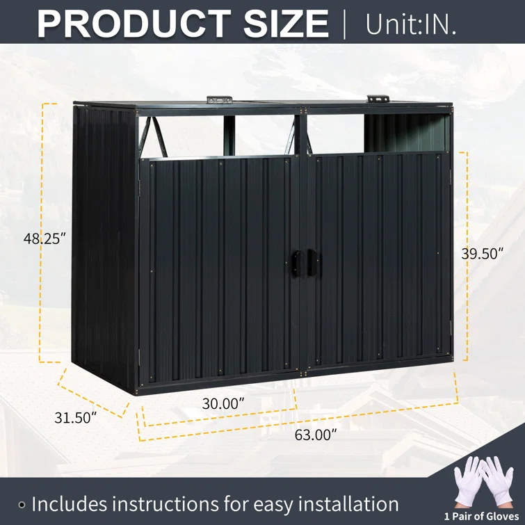 Metal Outdoor Garbage Bin Shed for 2 Trash Cans Black Stainless Galvanized Steel