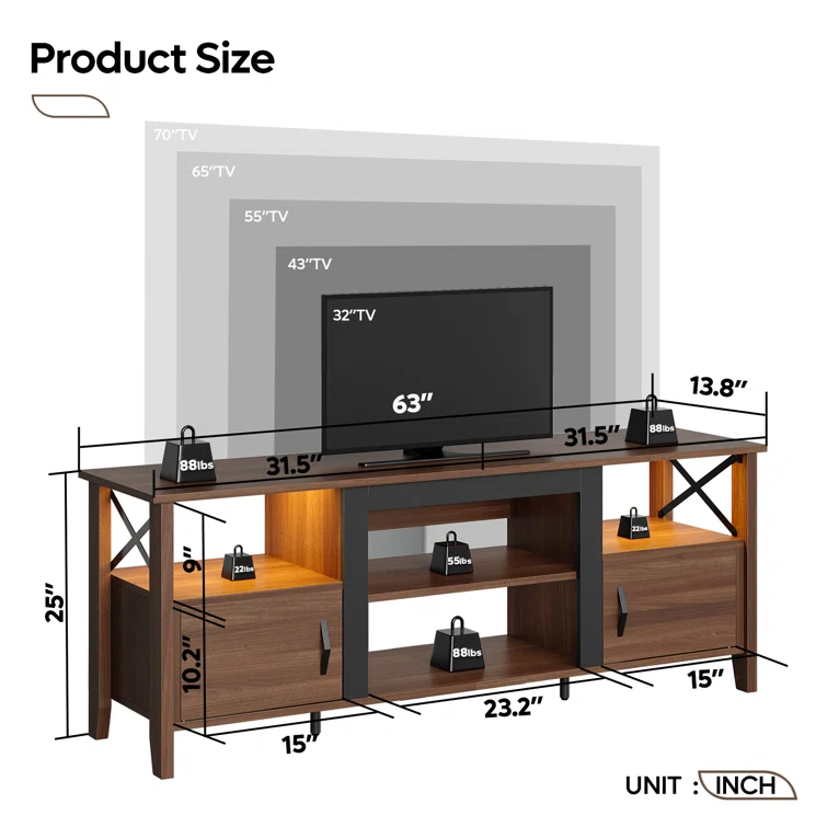 Farmhouse TV Stand for 70 Inch TV with LED Light,63