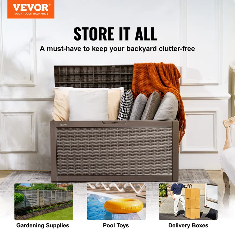 VEVOR 48'' W 100 Gallons Water Resistant Polypropylene Lockable Deck Box in Brown