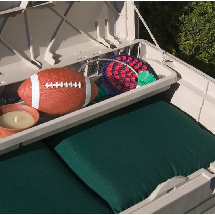 Suncast 129 Gallon Water Resistant Resin Deck Box with Storage Seat in Light Taupe