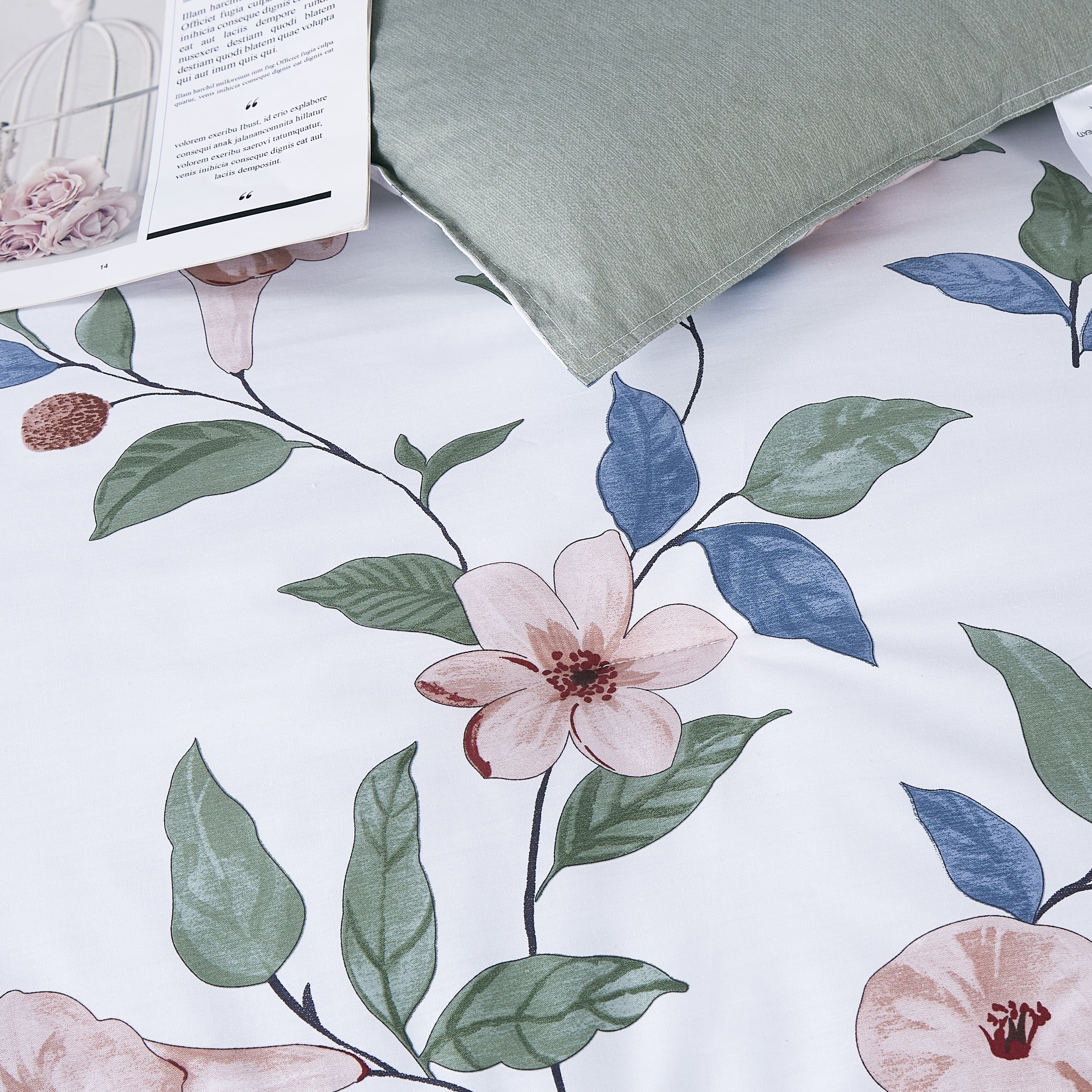Tess Green white Floral 100% Cotton Reversible Comforter Set