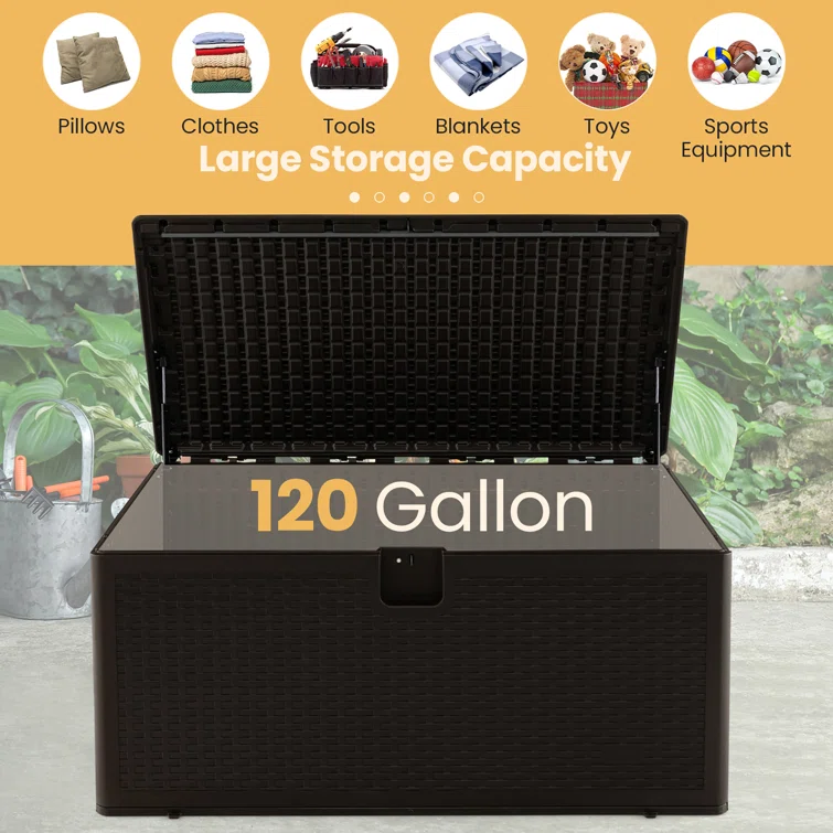 Costway 50'' W 120 Gallons Water Resistant Plastic Lockable Deck Box in Brown