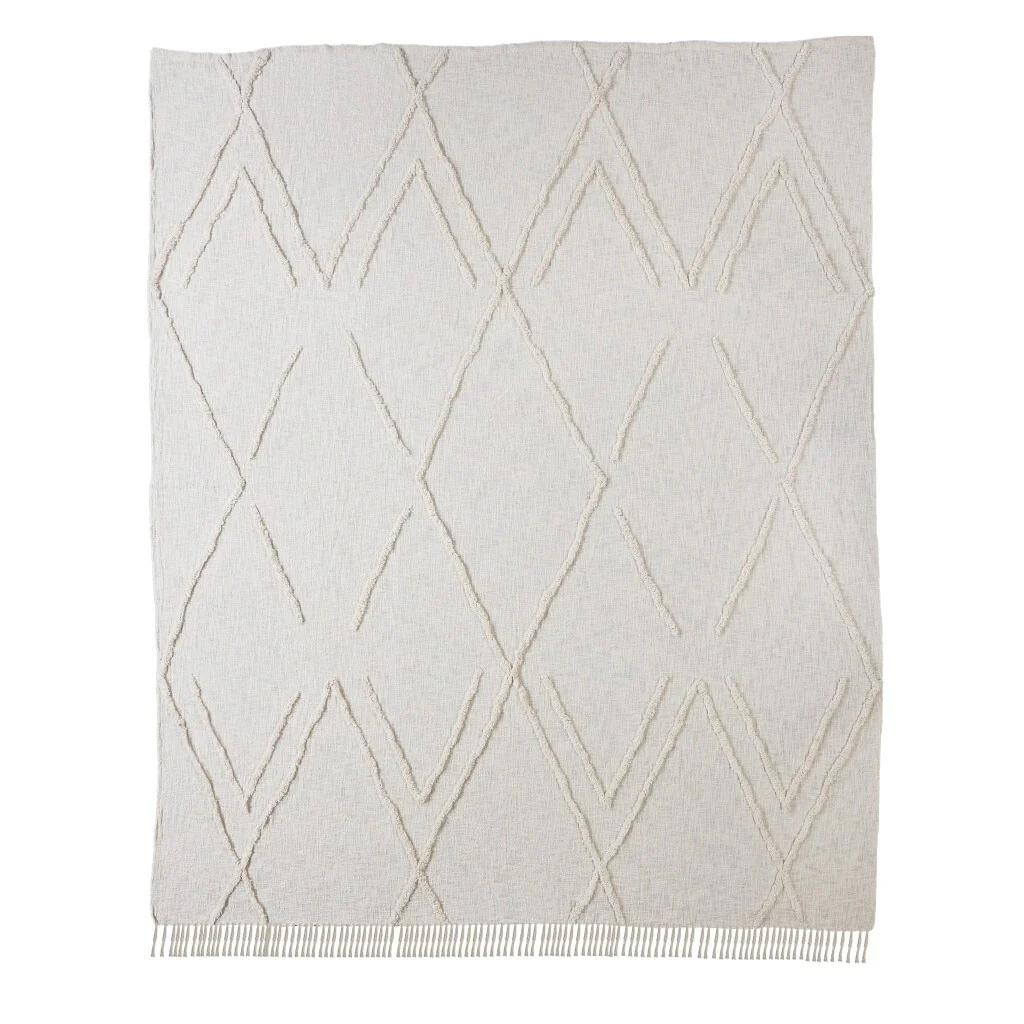 Ivory Geometric Twin Cotton Coverlet With Fringe