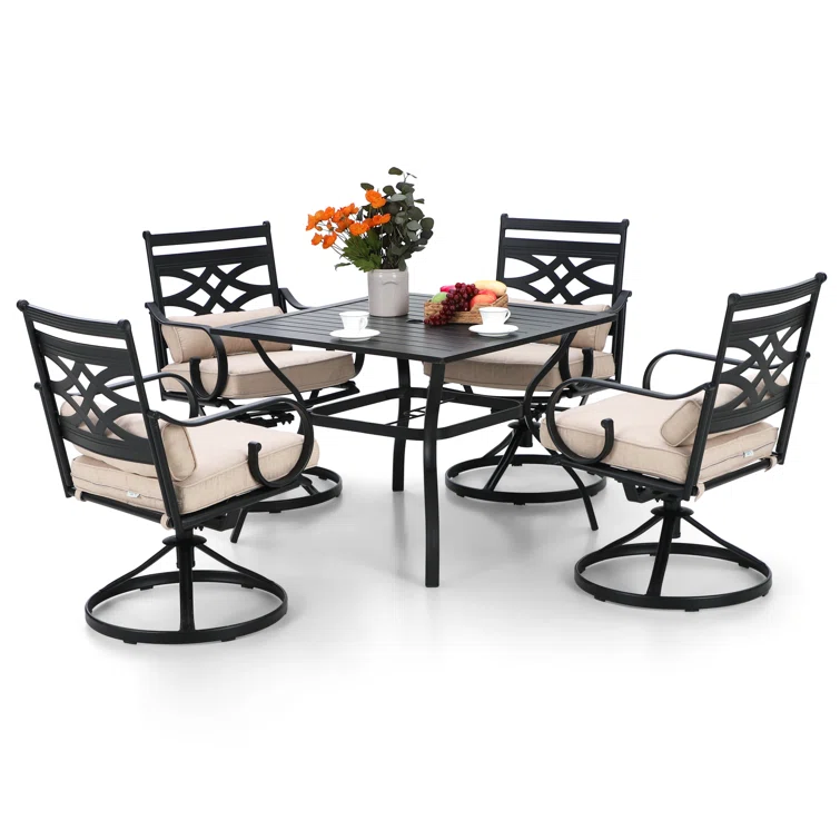 Alyah 4 - Person Rectangular Outdoor Dining Set with Swivel Dining Chairs, Cushions & Pillows