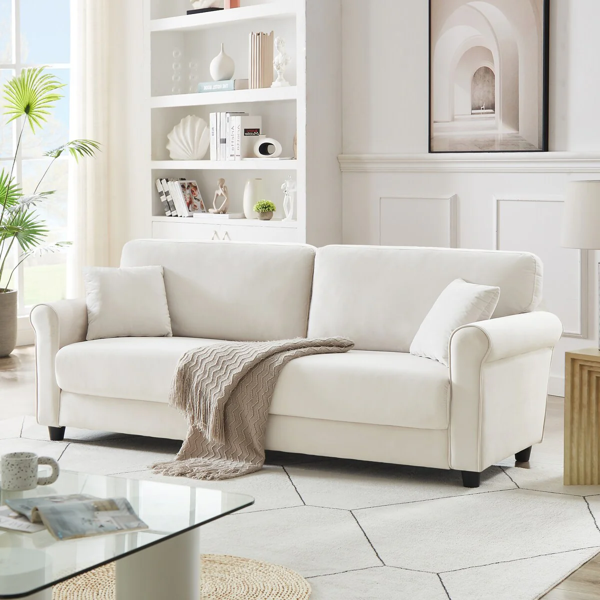 Classic Velvet Sofa Couch with Hardwood Frame, Upholstered Couch, Rounded Arms