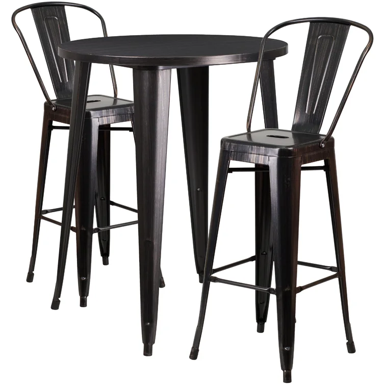 Genece 30'' Round Metal Indoor-Outdoor Bar Table Set with 2 Cafe Stools