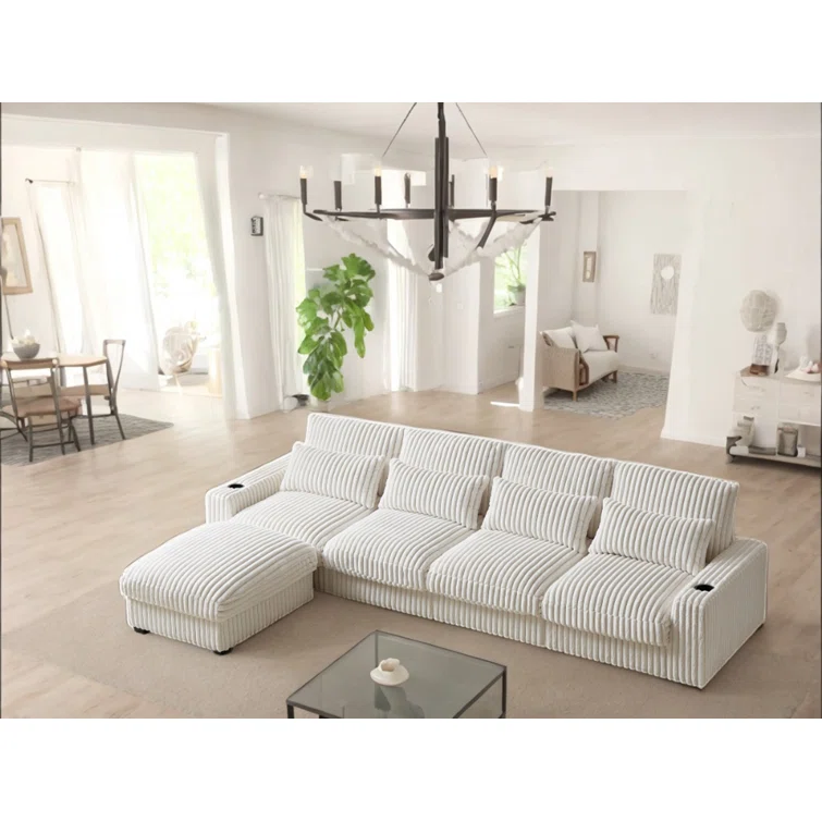 L-shaped Corduroy Sofa With USB Port, T-pyce Port, Movable Footrest, Cup Holder, And Cushions
