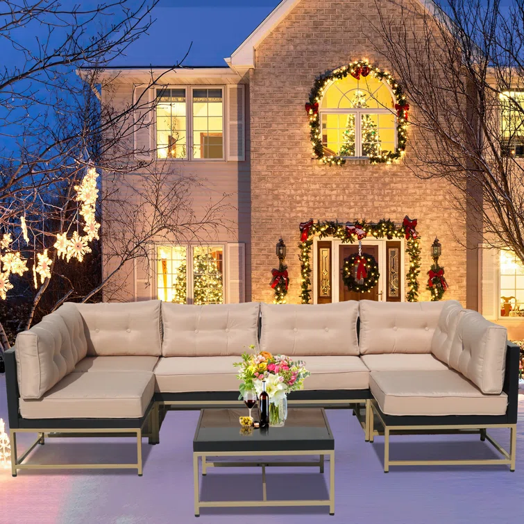 Patio 7-Piece Furniture Set,Outdoor Wicker Sectional Sofa w/Golden Legs<!-- --> <!-- -->(Set of 7)
