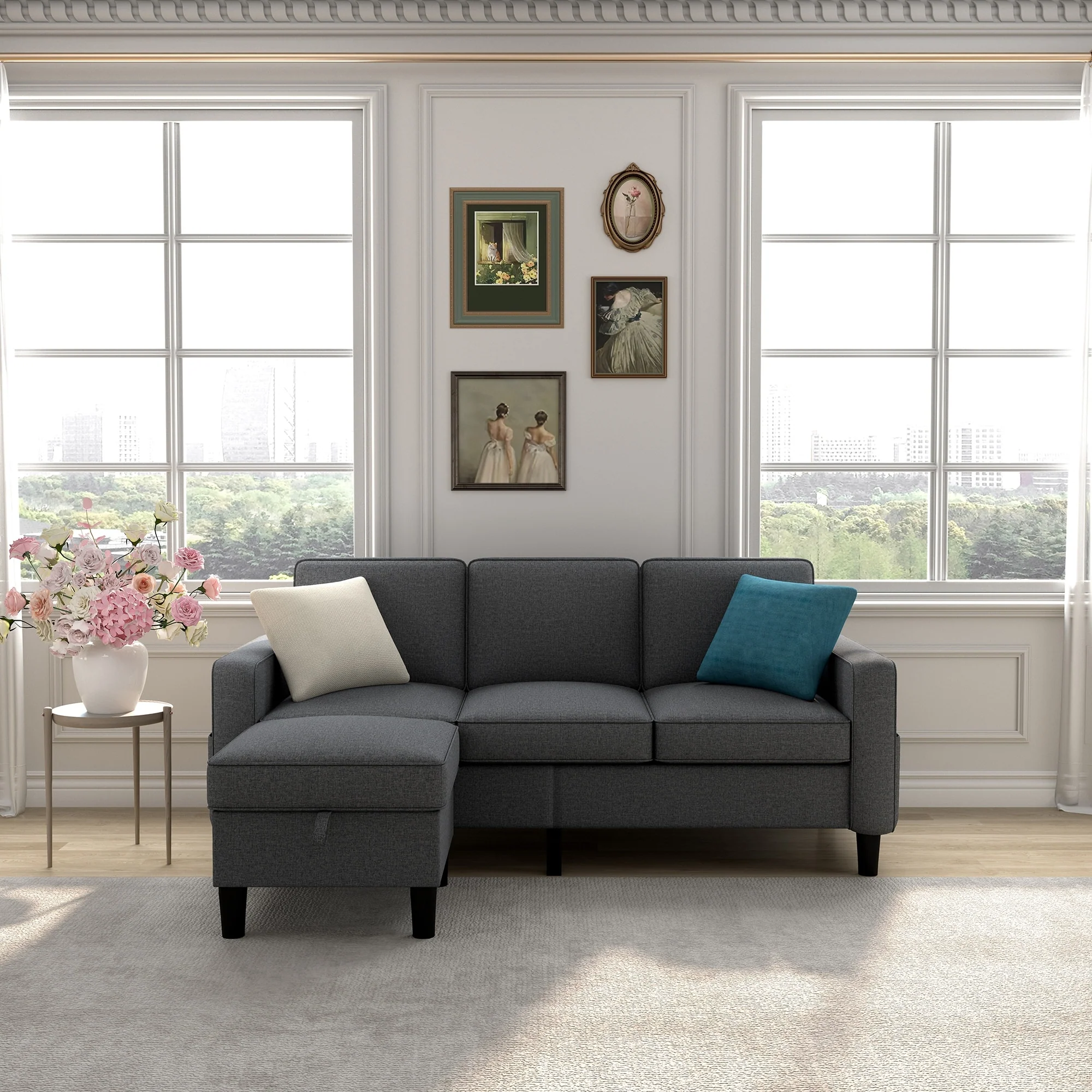 Soft Fabric Convertible Modular Sofa and Ottoman - 53.50 x 77.50 x 33.00