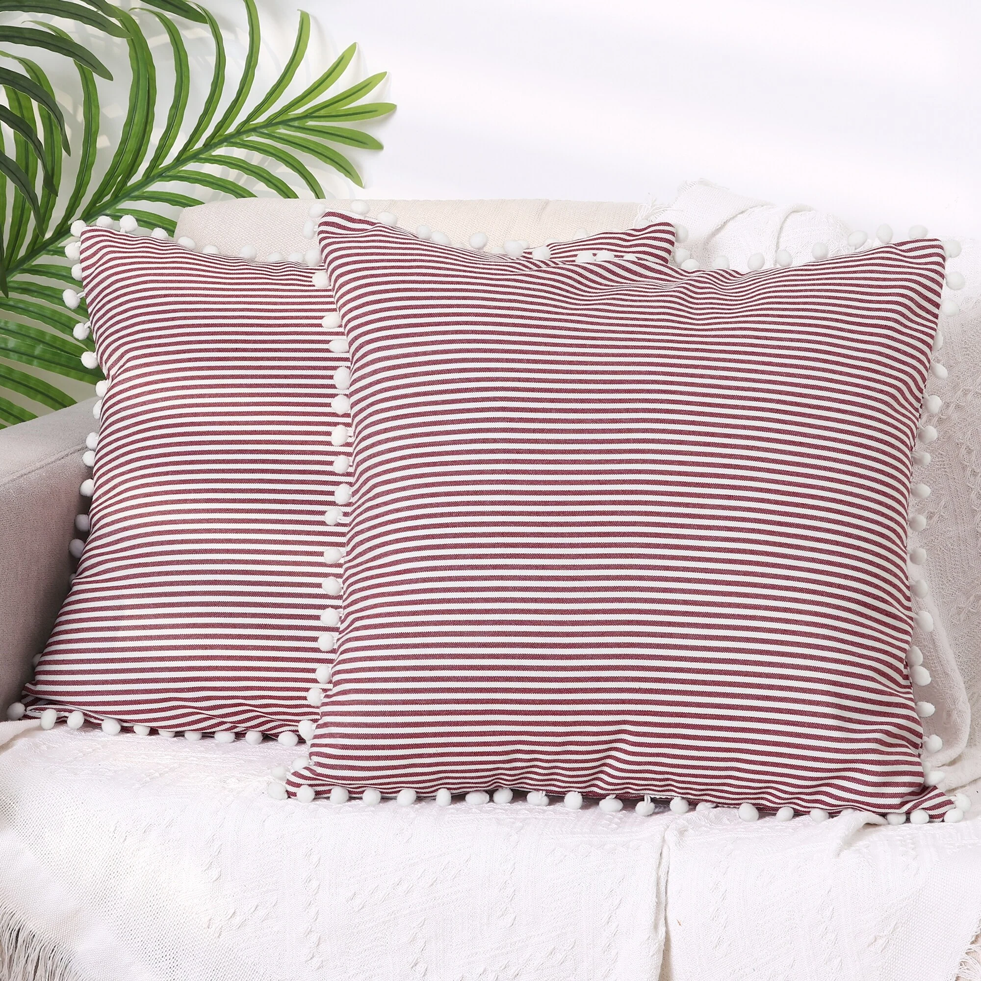 1 Pair Striped Pillow Cover with Pom Pom Fringe for Home Cushion Case