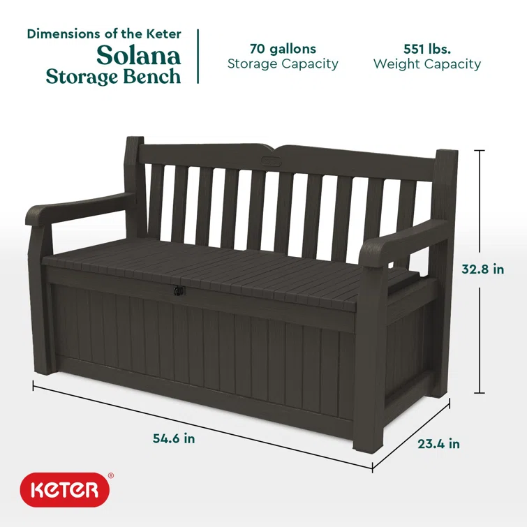 Keter Solana 70 Gallon Durable Resin Outdoor Bench Storage and Organization Deck Box Ideal For Garden Patio Furniture and Supplies