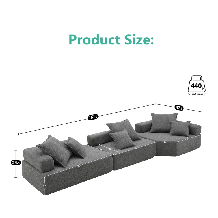 Oversized Modular Boucle Sectional Sofa, Convertible Sleeper Couch With No Assembly Required, Spacious Foam-filled Sofa Bed, 3-piece Customizable Living Room Set