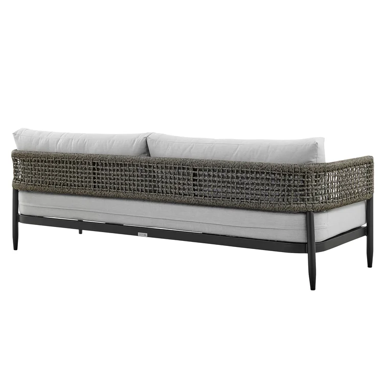 Scotia 4 Piece Outdoor Conversation Set in Black Aluminum and Rope with Light Gray Fabric Cushions