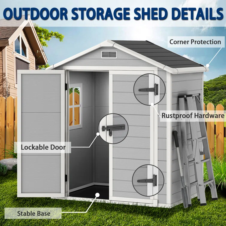 Outdoor Storage Shed, 6x4 FT Resin Shed with Floor, Weather-Resistant Plastic Garden Shed
