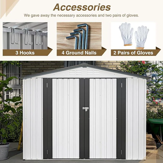 Outdoor Storage Shed, All Weather Metal Sheds with 2 Lockable Doors