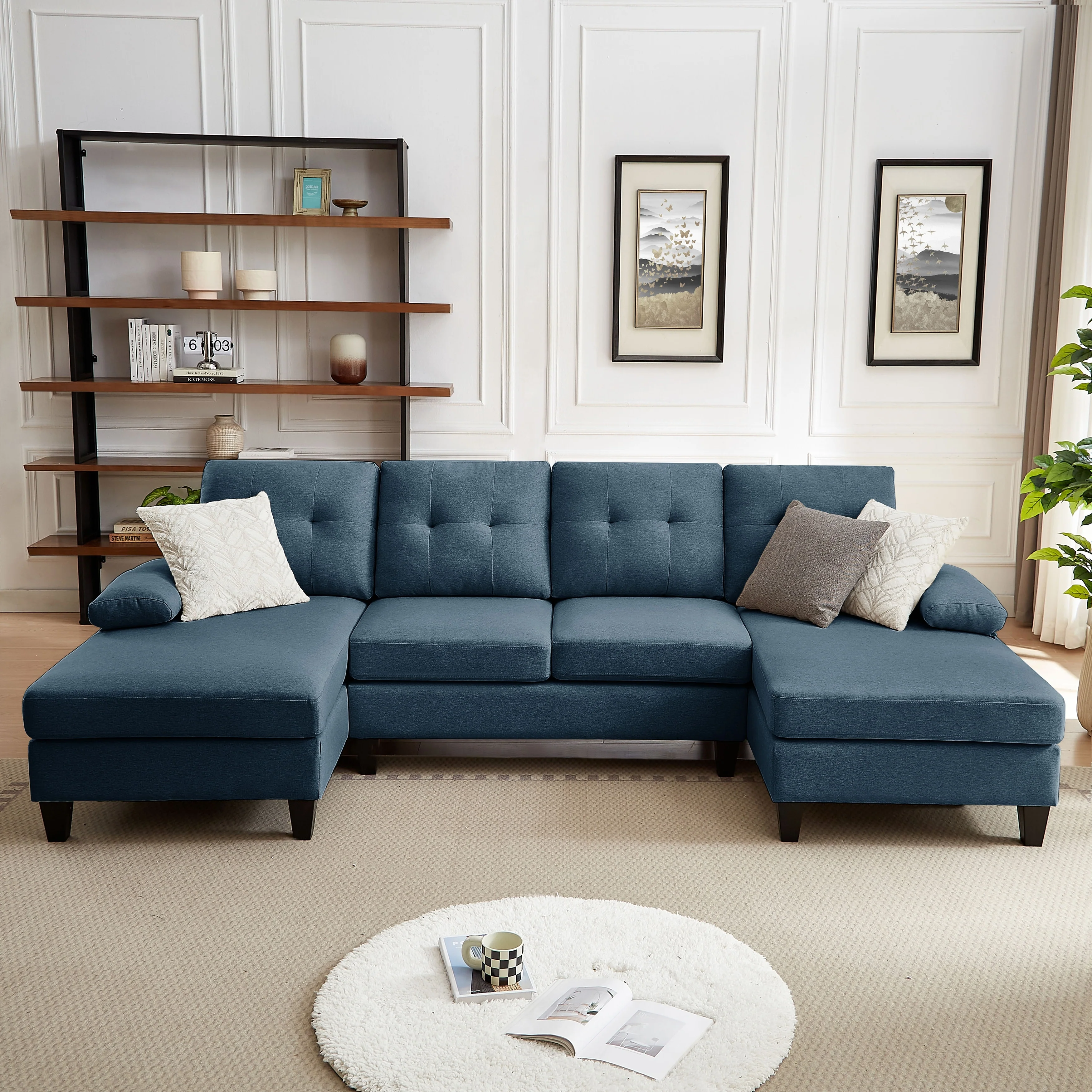 4 Seat U Shaped Sectional Sofa Couch with Double Chaise for Living Room