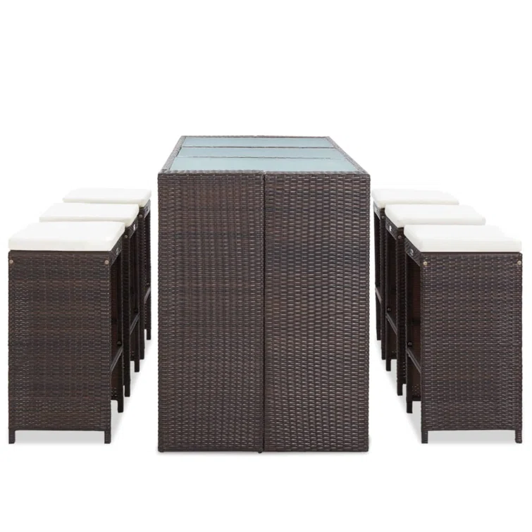 Patio Bar Set 7 Piece Outdoor Bar Table and Chairs Poly Rattan Brown