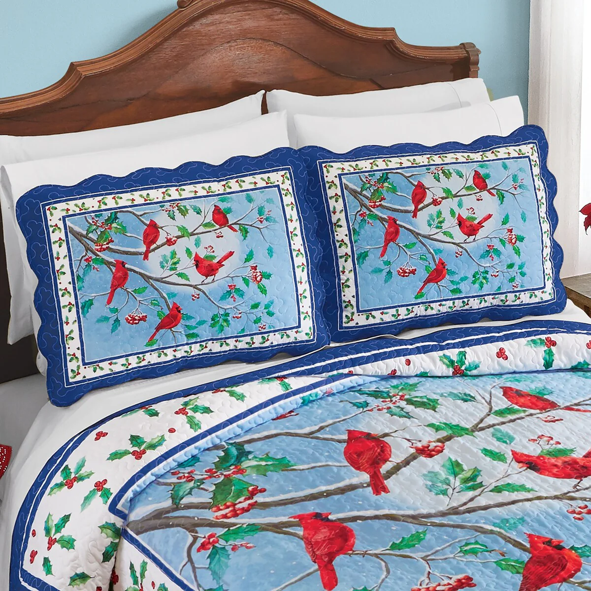 Cardinals On Branch Winter Holly Pillow Sham