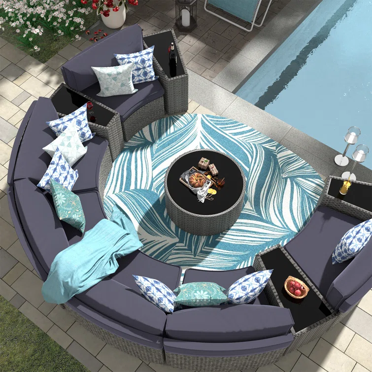 Dartmore Half-Moon 6 - Person Fully Assembled Curved Patio Conversation Set With Fire Pit Table & Side Table