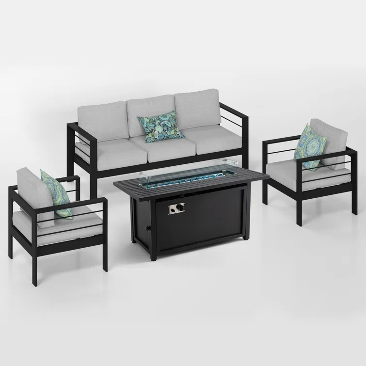 5 - Person Sofa Seating Group With Cushions and Fire Pit Table