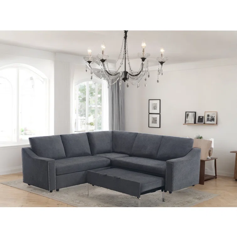 Multifunctional L-shaped Chenille Sofa with Pull-out Bed, Corner Sofa, Comfortable Sofa Set, Sleeper Sofa Bed Rivet Dechenille