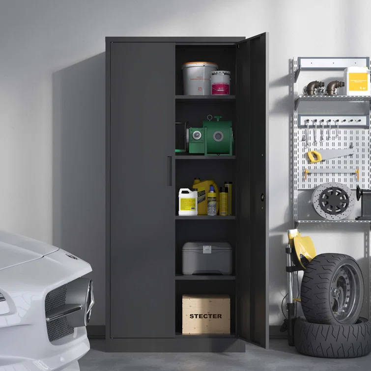 72" Metal Garage Storage Cabinets with Lock,Black Storage Cabinet with Doors and Shelves