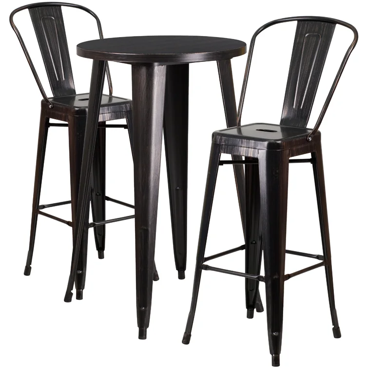 Genece 30'' Round Metal Indoor-Outdoor Bar Table Set with 2 Cafe Stools