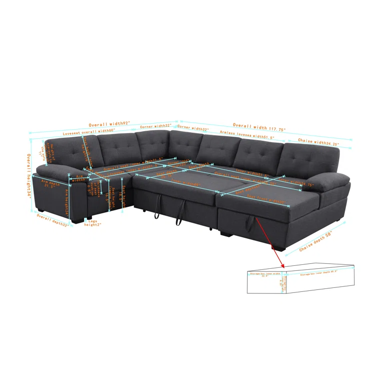 Aine 118" Wide Fabric Sectional Sleeper Sofa (Pull-Out Bed) With Storage Chaise
