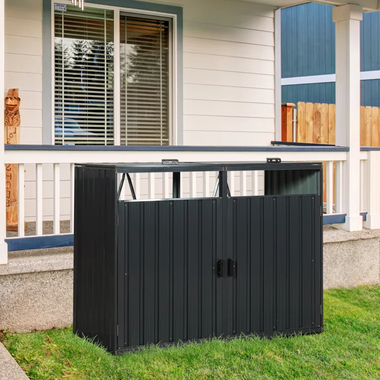 Metal Outdoor Garbage Bin Shed for 2 Trash Cans Black Stainless Galvanized Steel