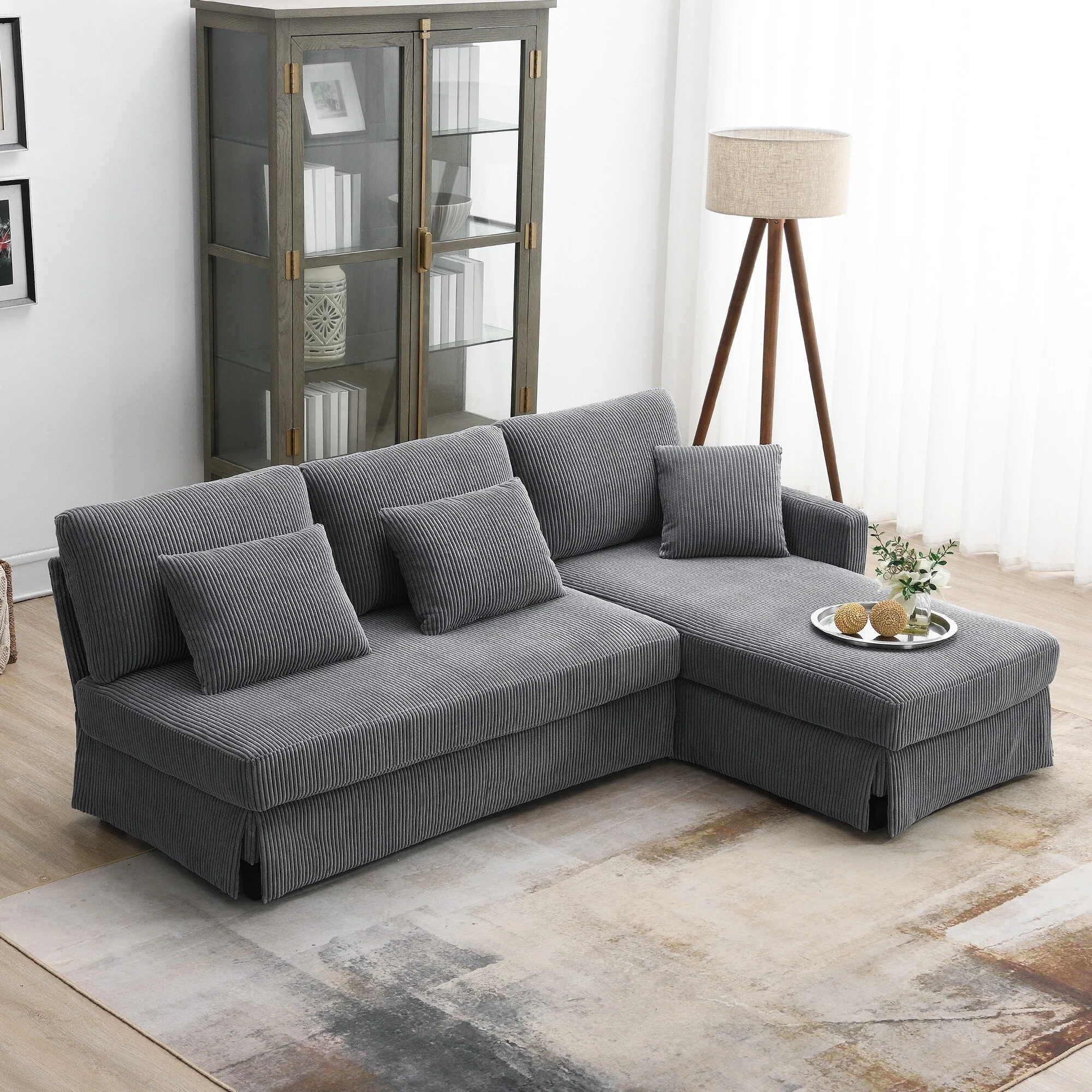 87'' Upholstered L-Shaped 3 Seater Sofa Couch with Reversible Chaise and 3 Pillows, Space-Saving Convertible Sleeper