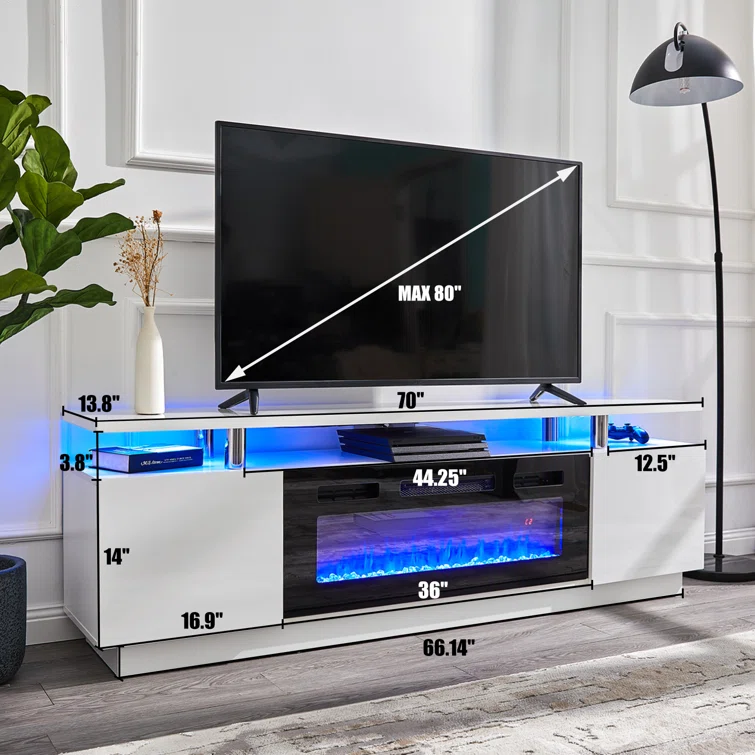 Emyrson High Gloss TV Stand for TVs, Electric Fireplace Included, with 2 Tier TV Console Cabinet