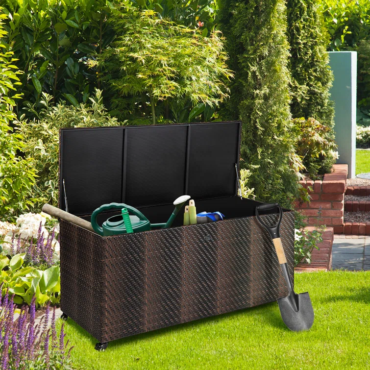 Gymax 52'' W 96 Gallons Water Resistant Wicker Deck Box with Wheels