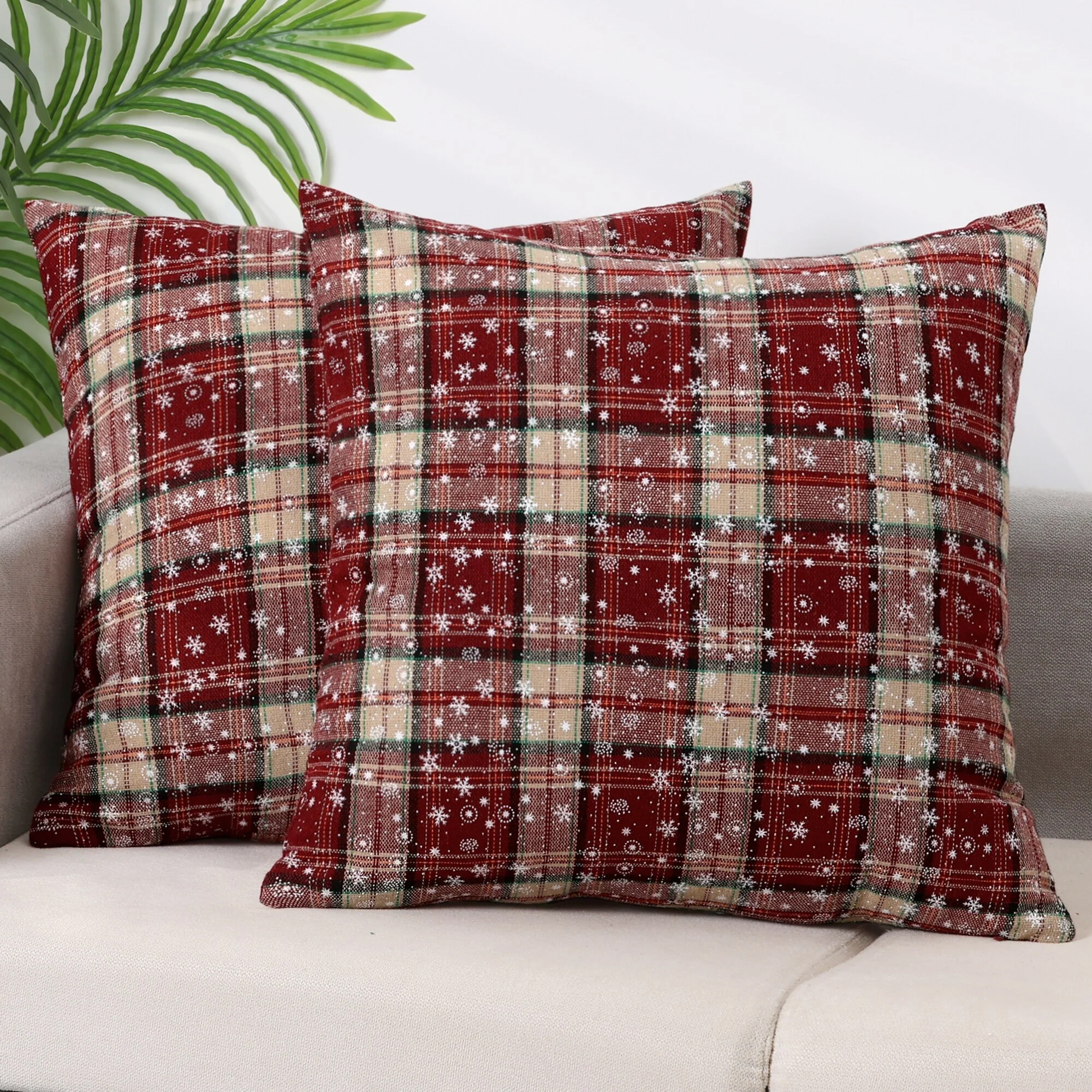 Set of 2 Festive Plaid Snowflake Decorative Throw Pillow Covers