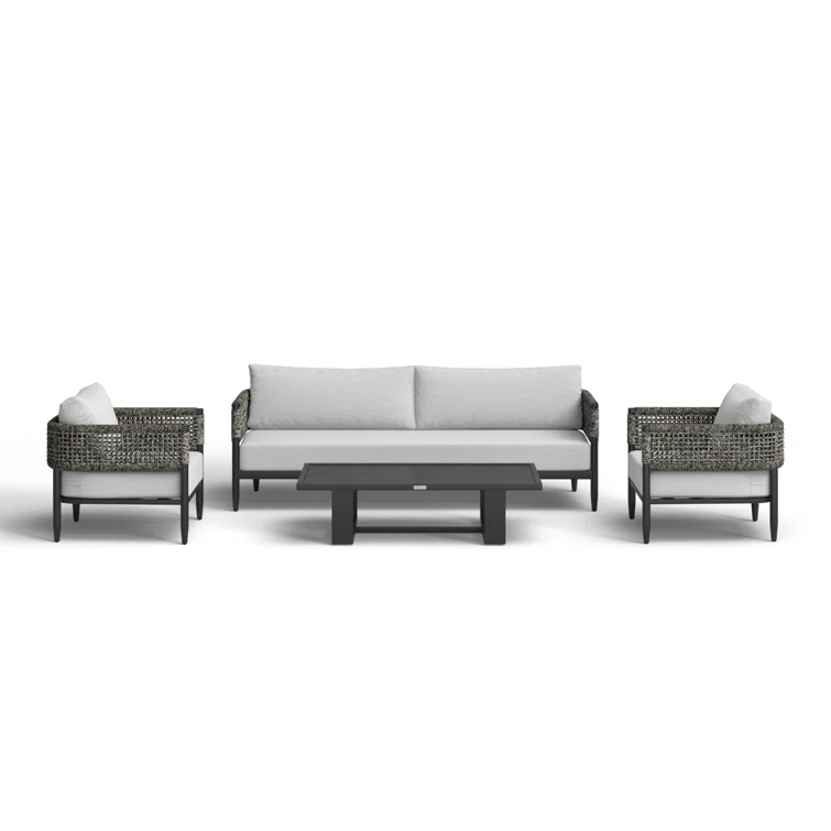 Scotia 4 Piece Outdoor Conversation Set in Black Aluminum and Rope with Light Gray Fabric Cushions
