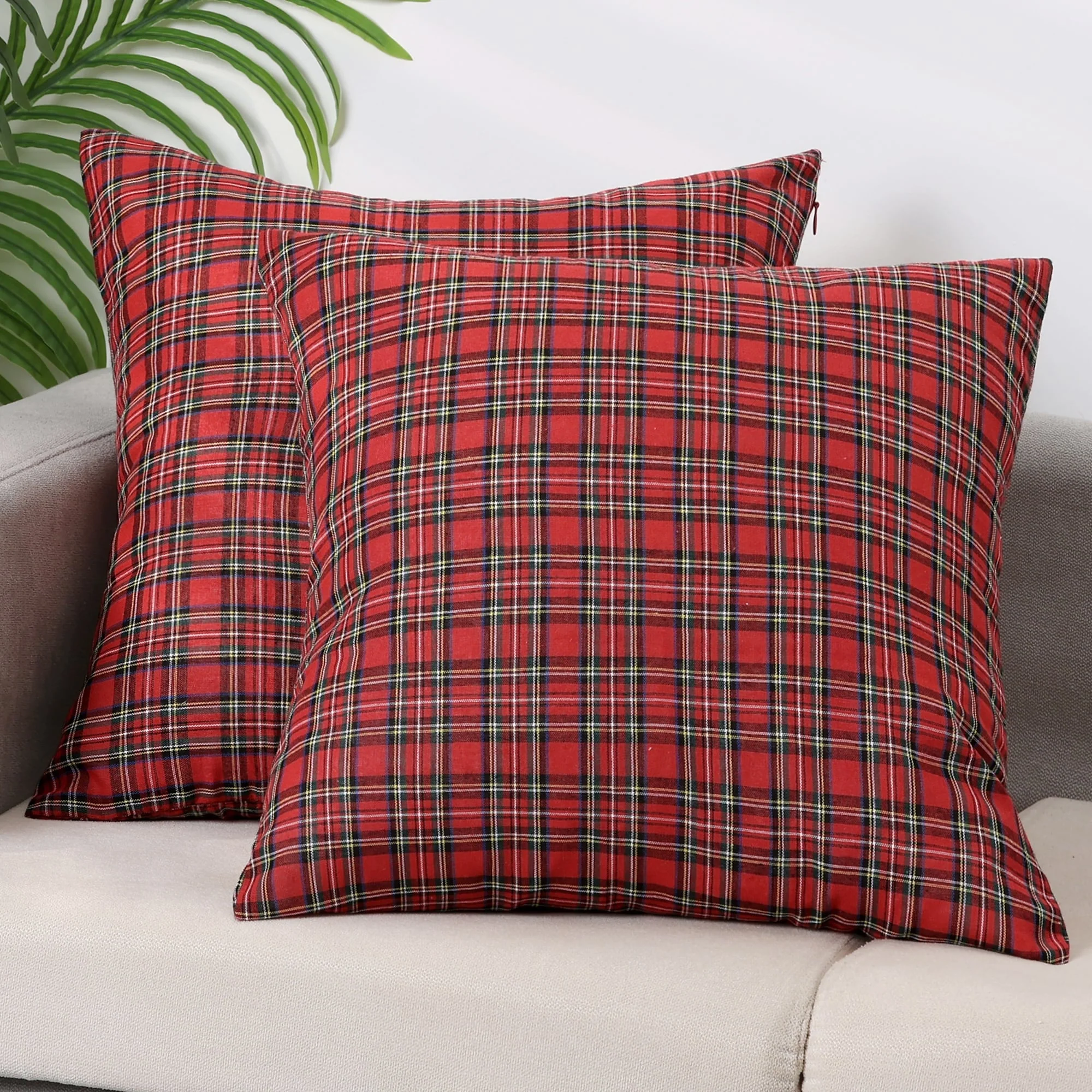 Pack of 2 Festive Plaid Decorative Throw Pillow Covers Scottish Tartan Square Case Cushion Covers