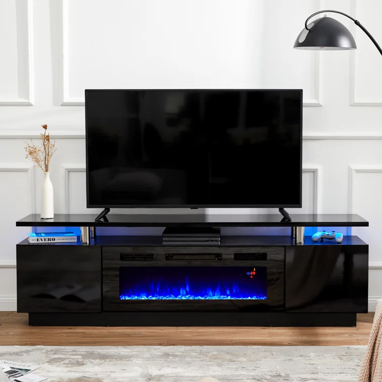 Emyrson High Gloss TV Stand for TVs, Electric Fireplace Included, with 2 Tier TV Console Cabinet
