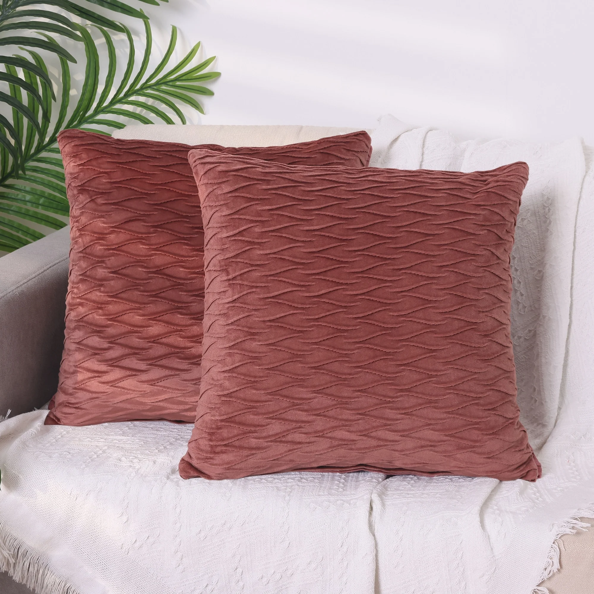 Solid Striped Square Throw Pillow Covers, Set of 2 Luxury Textured Pillowcases, Soft Cozy Cushion Covers for Couch Bedroom