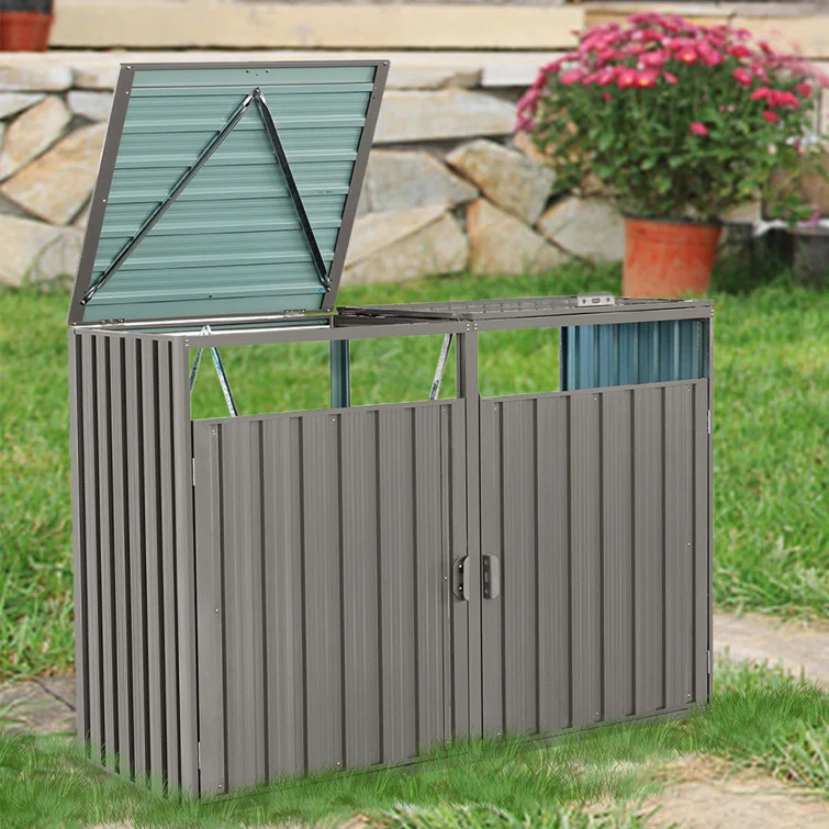 Outdoor Trash Can Storage, Storage Shed For 2 Trash Cans And Tools,Waterproof Garbage Bin Shed
